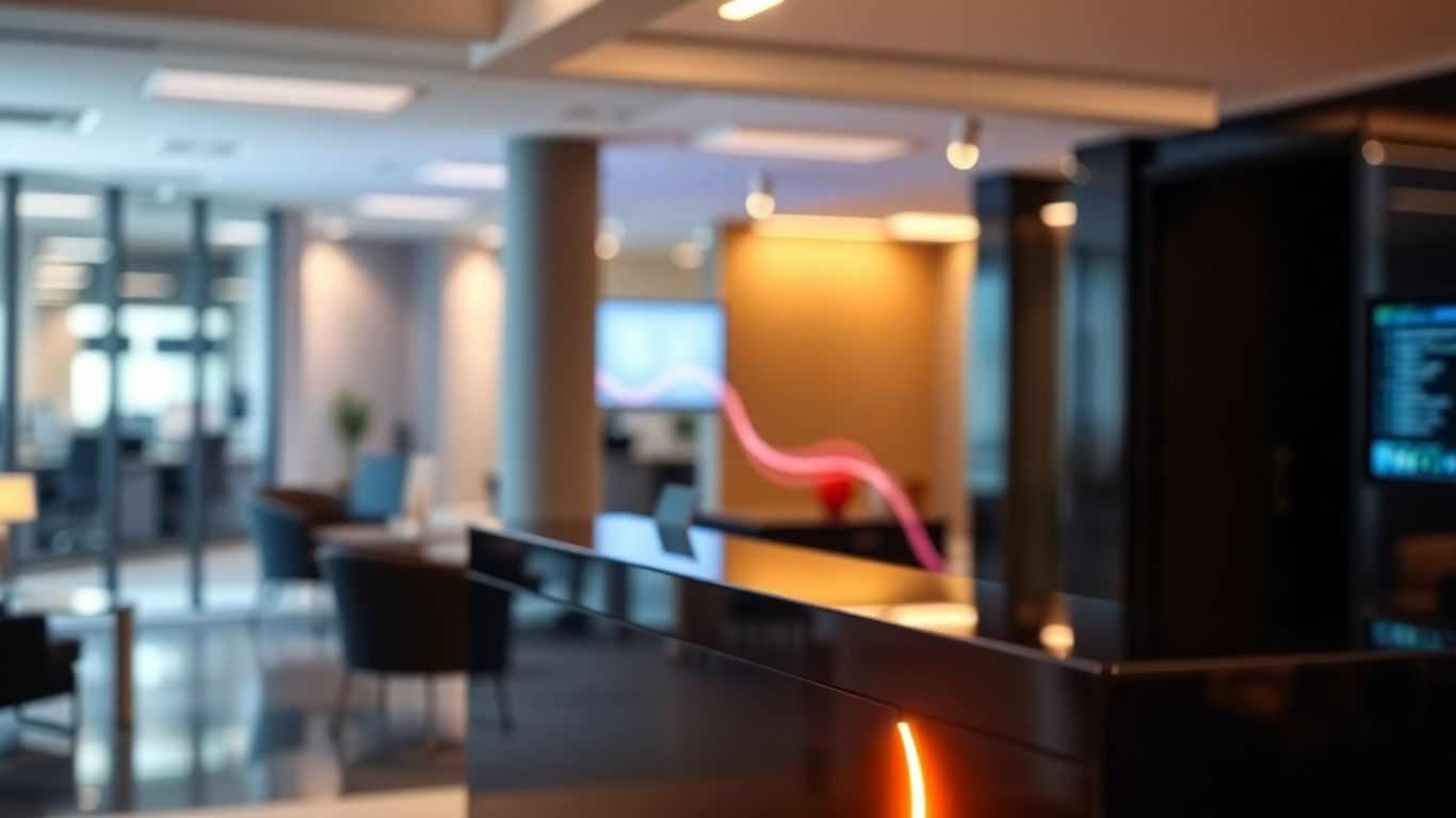AI receptionist interface with abstract light patterns.