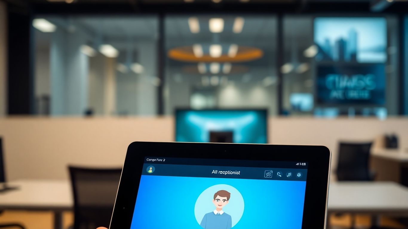 AI receptionist interface on a tablet screen.