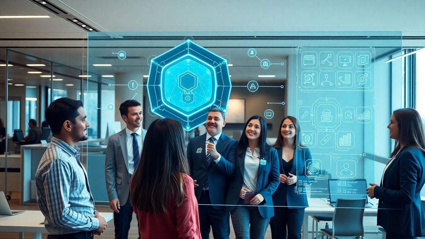 AI receptionist interface in a modern office.