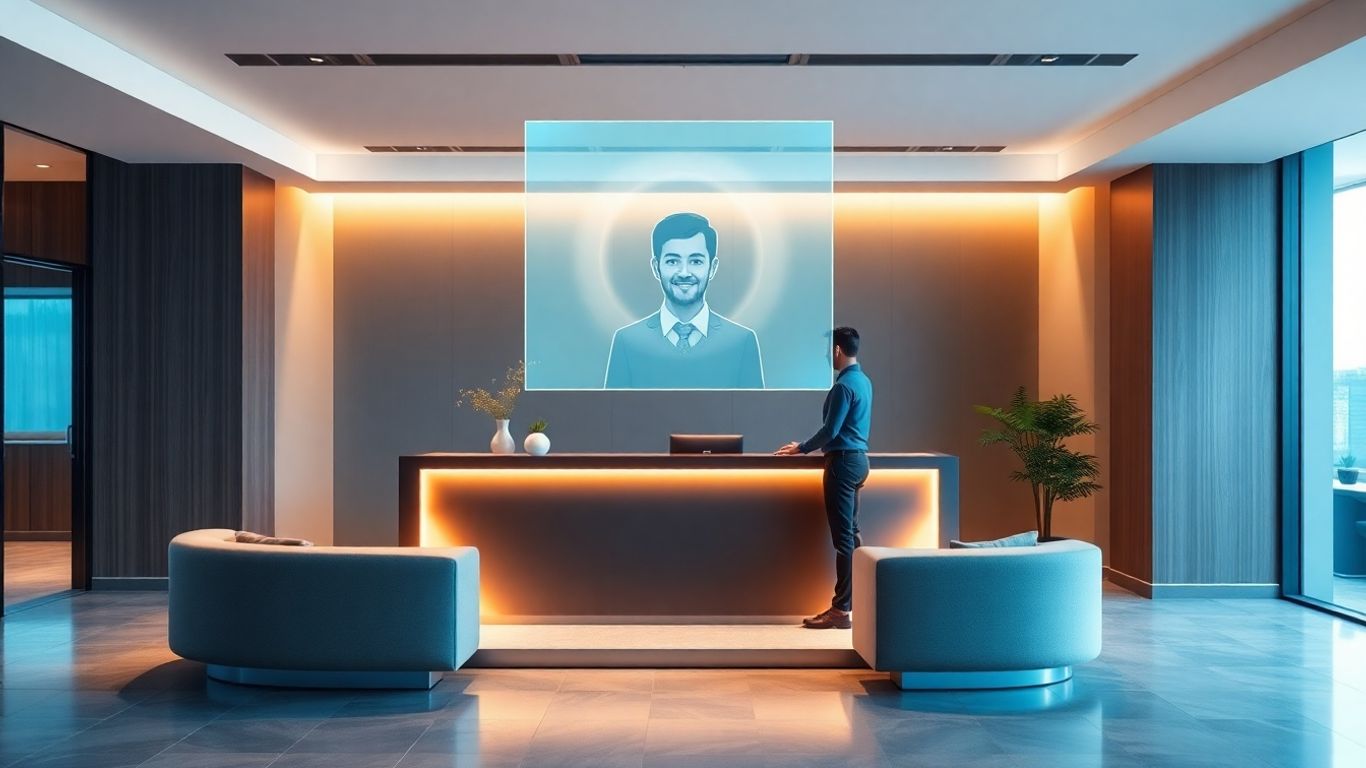 AI receptionist avatar assisting a visitor at a desk.