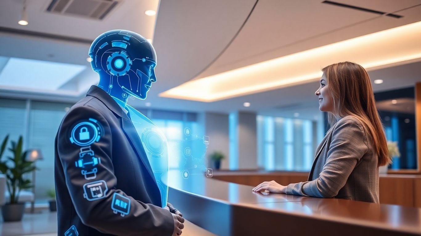 AI receptionist interacting with a client in a modern office.