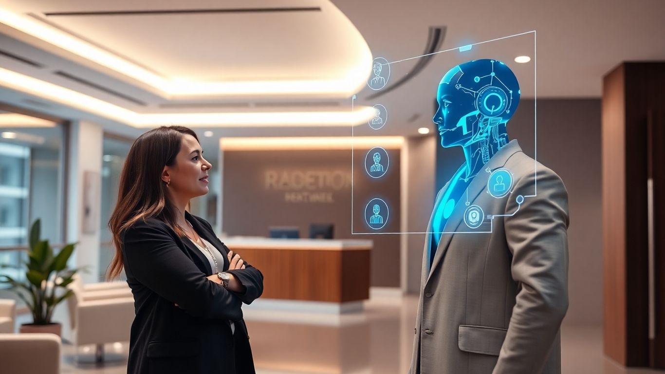 AI receptionist interacting with a client in an office.