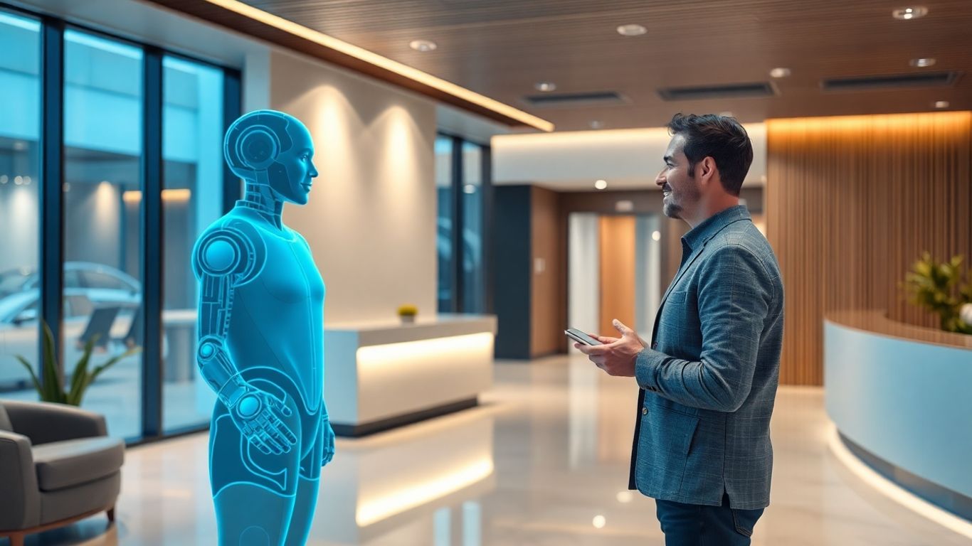AI receptionist assisting a visitor in a modern office.