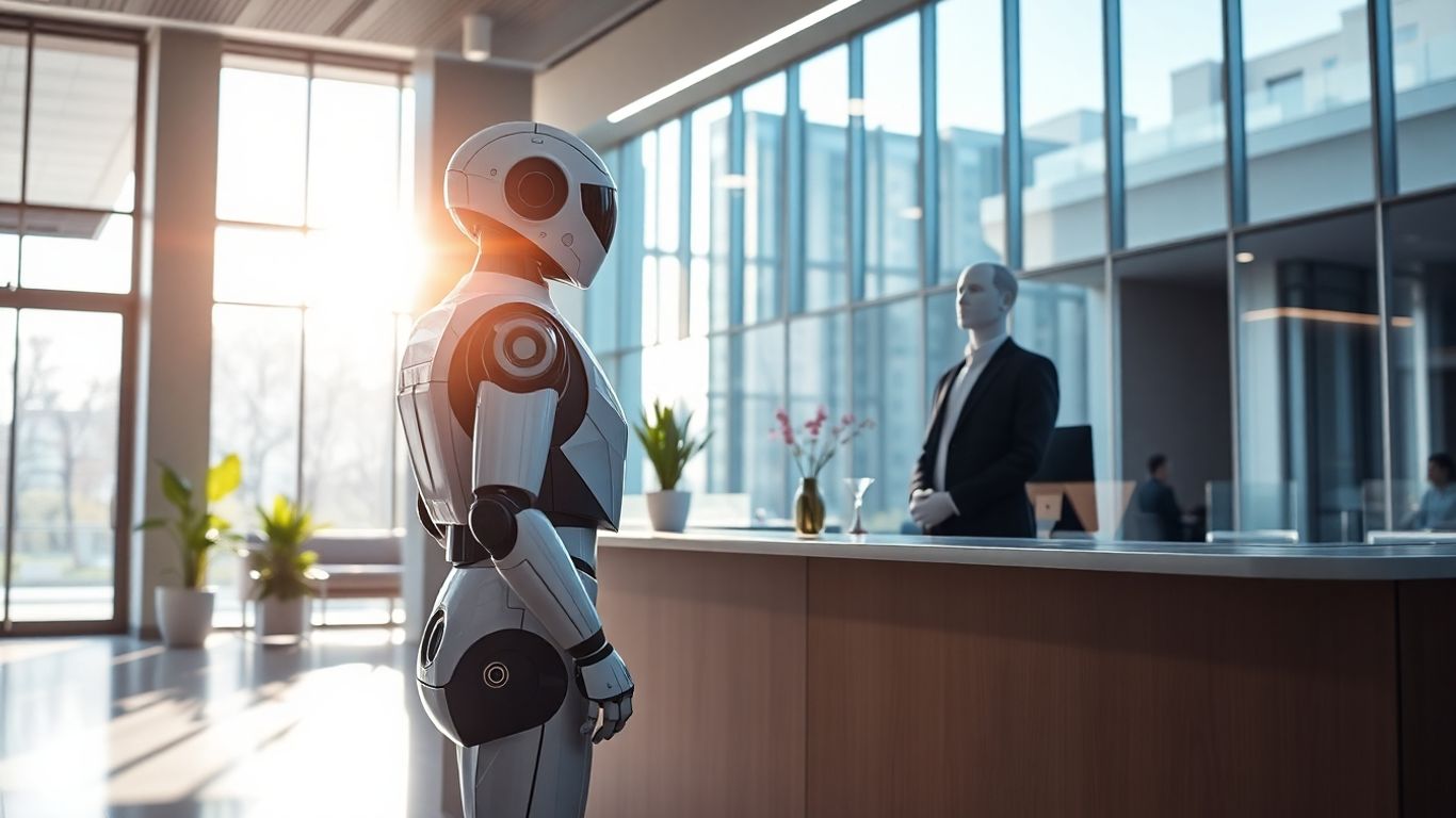 AI receptionist assisting a visitor in a modern office.
