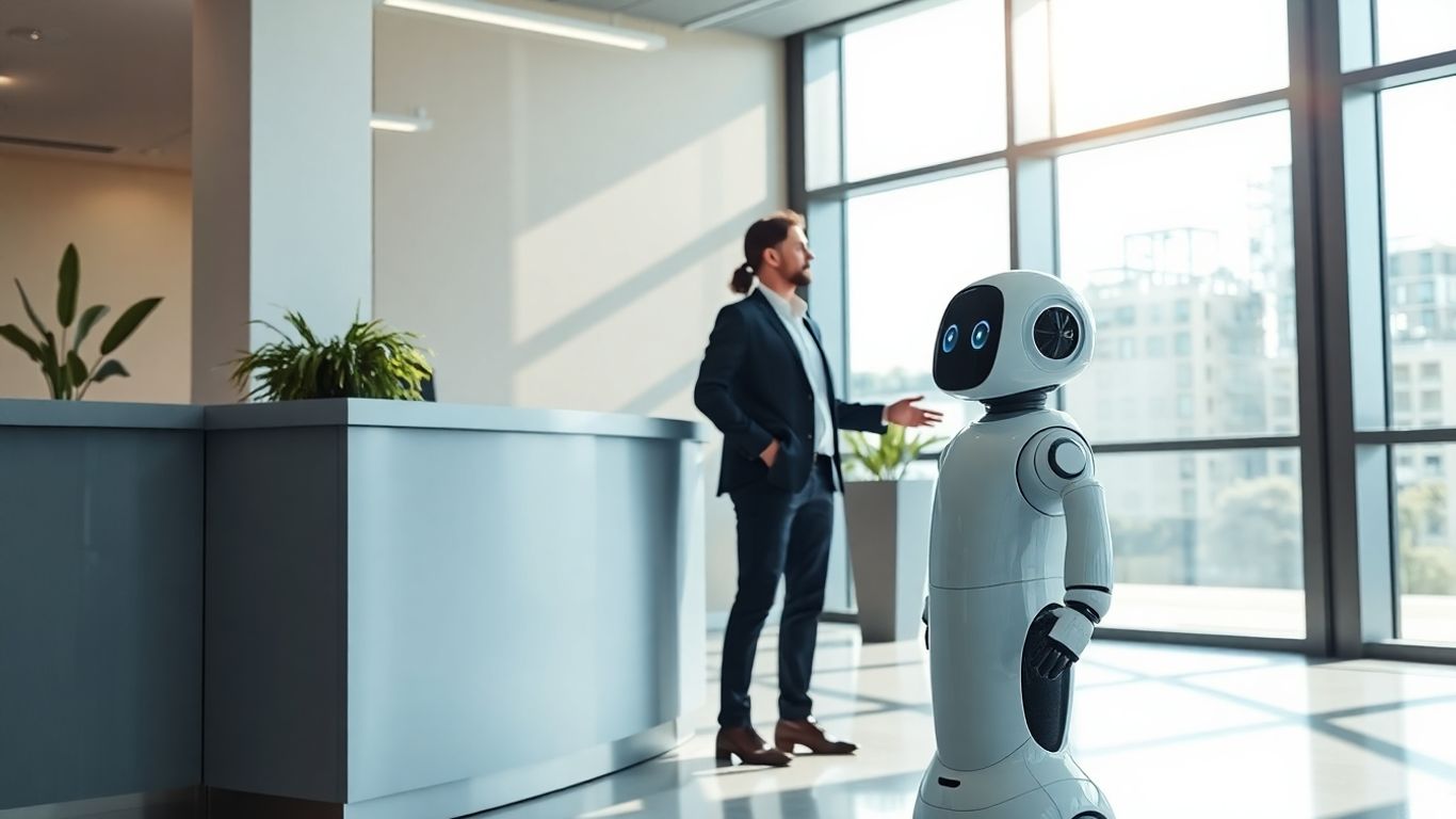 AI receptionist assisting a visitor in a modern office.