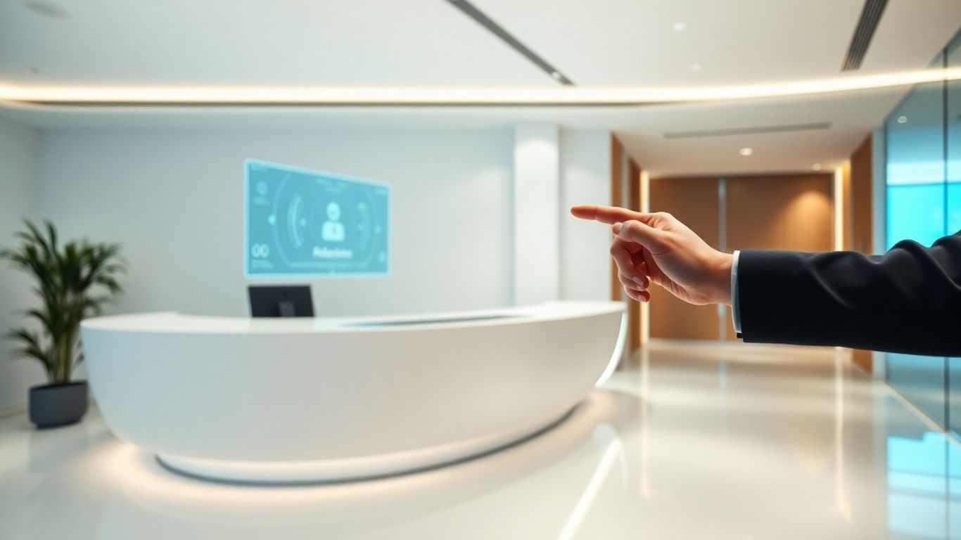 AI receptionist interface in a modern office setting.