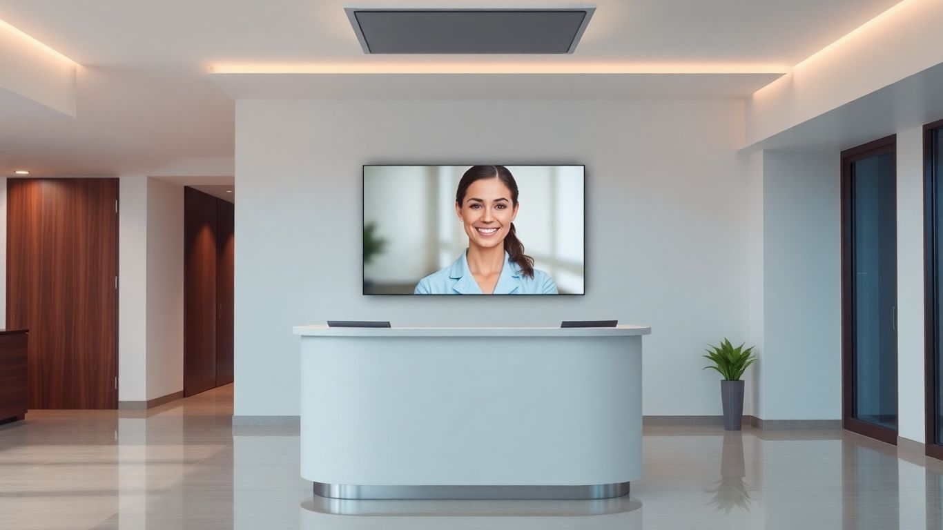 AI virtual receptionist avatar smiling on a screen.