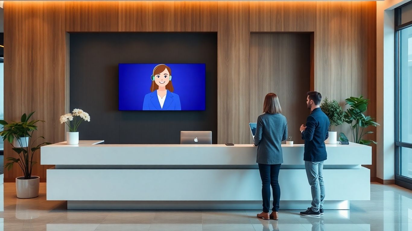 AI virtual receptionist assisting a client at a desk.