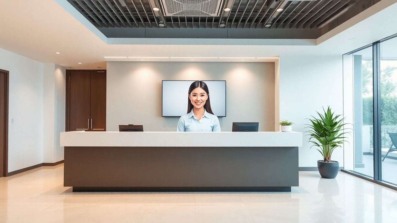 AI virtual receptionist avatar on a screen at a desk.