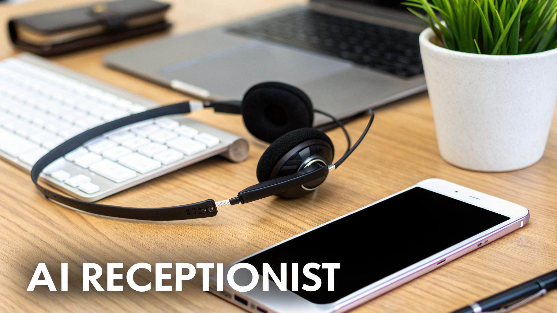 A split image showing a smartphone on one side and an AI chatbot icon on the other, connected by a dotted line, symbolizing the integration of auto-answer with an AI receptionist.