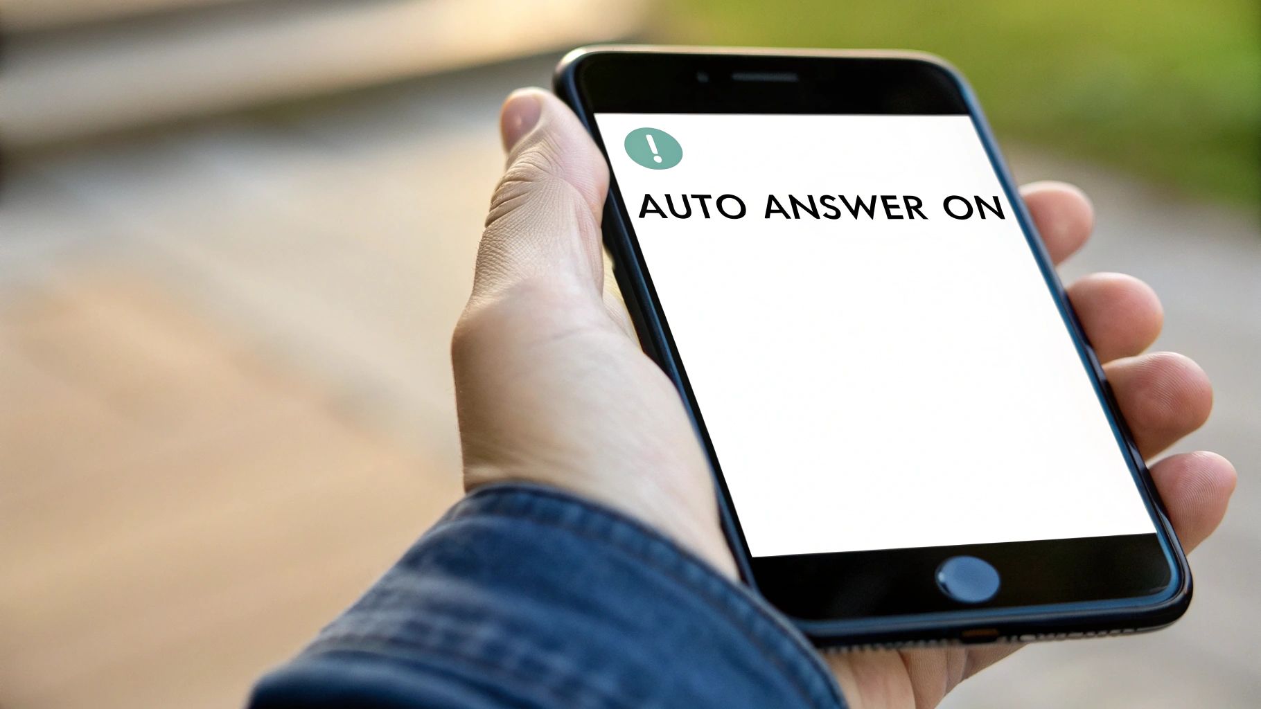 A person's hands holding a smartphone, with the screen displaying call settings and an accessibility icon.
