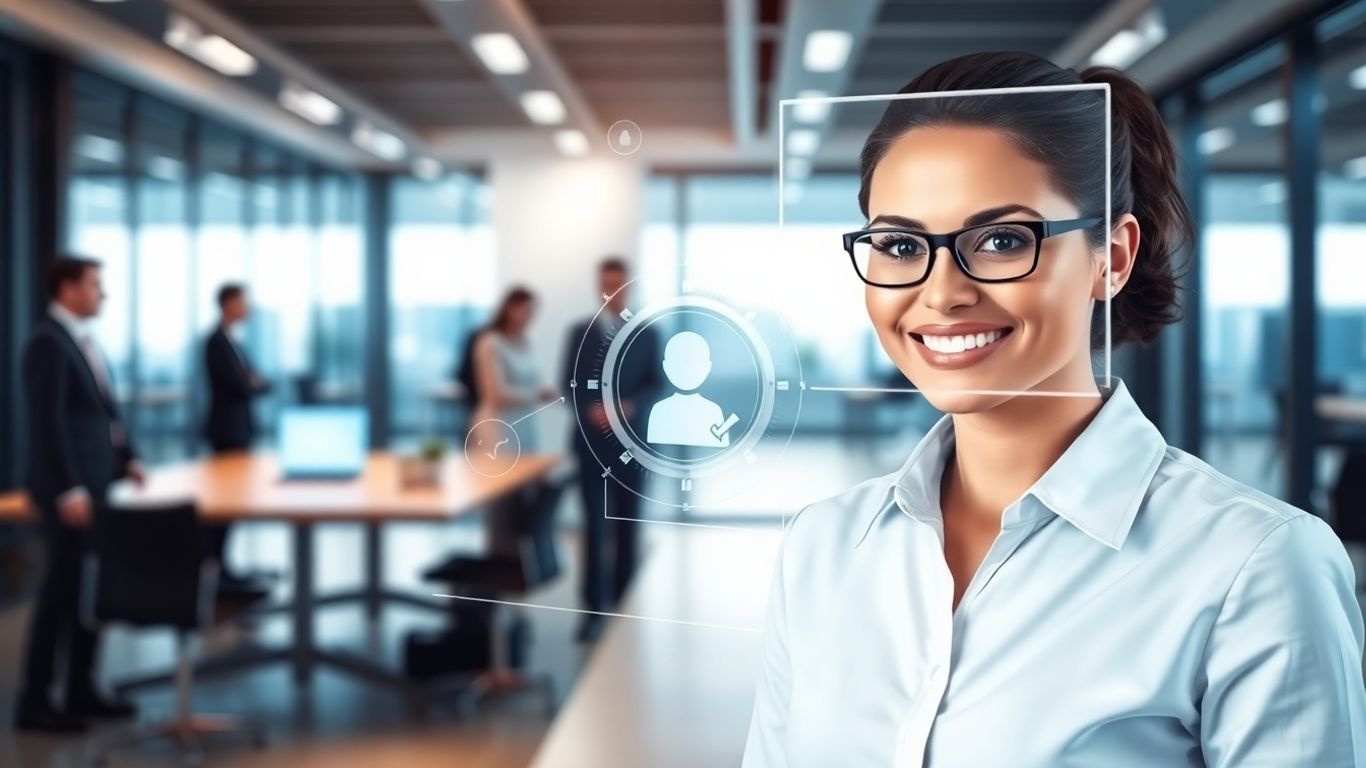 AI receptionist avatar in a modern office.