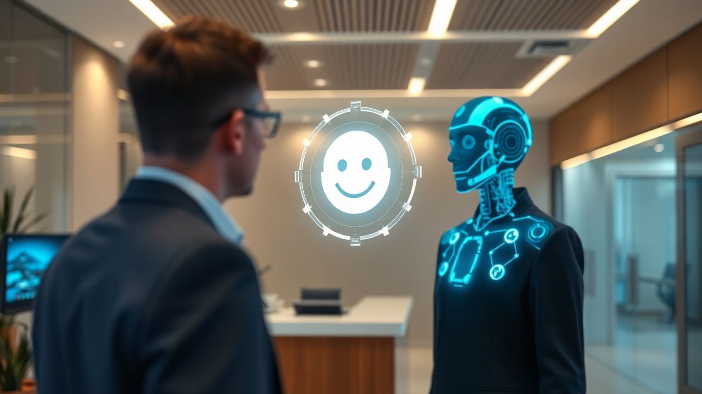 AI receptionist assisting a business person in a modern office.