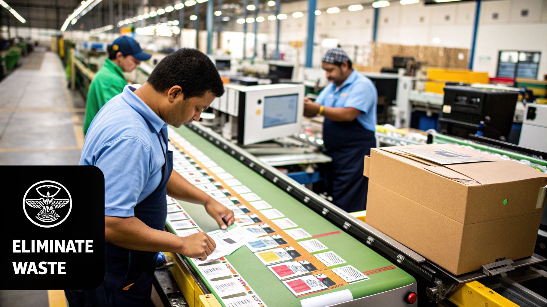 An infographic illustrating the core principles of Lean Manufacturing, including waste reduction, continuous improvement (Kaizen), and maximizing customer value.