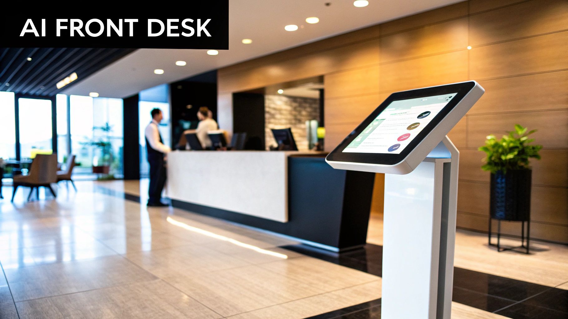 A person interacting with an AI-powered front desk interface on a tablet.
