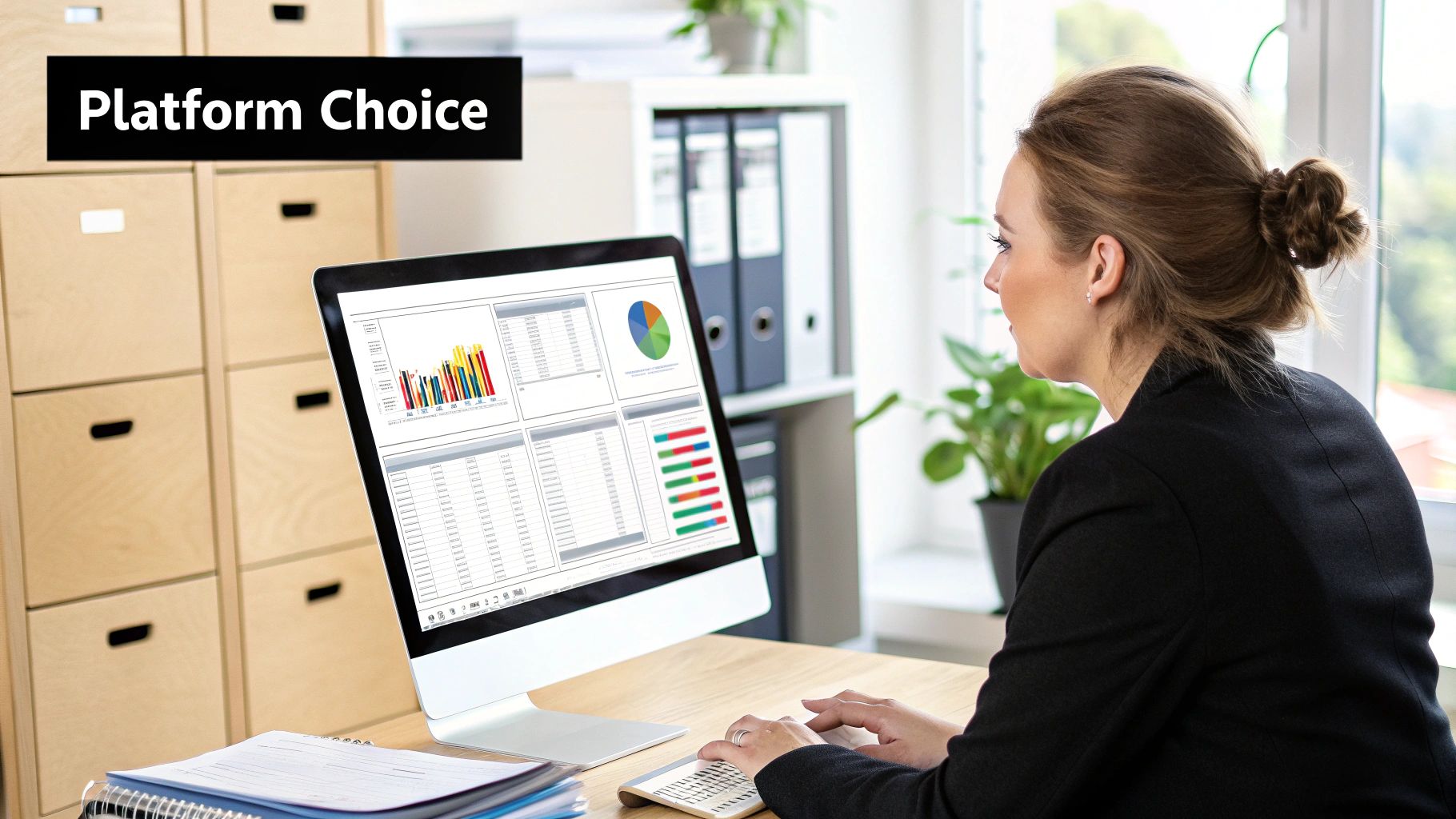 A person sitting at a desk with multiple monitors, analyzing charts and data related to voice message platforms.
