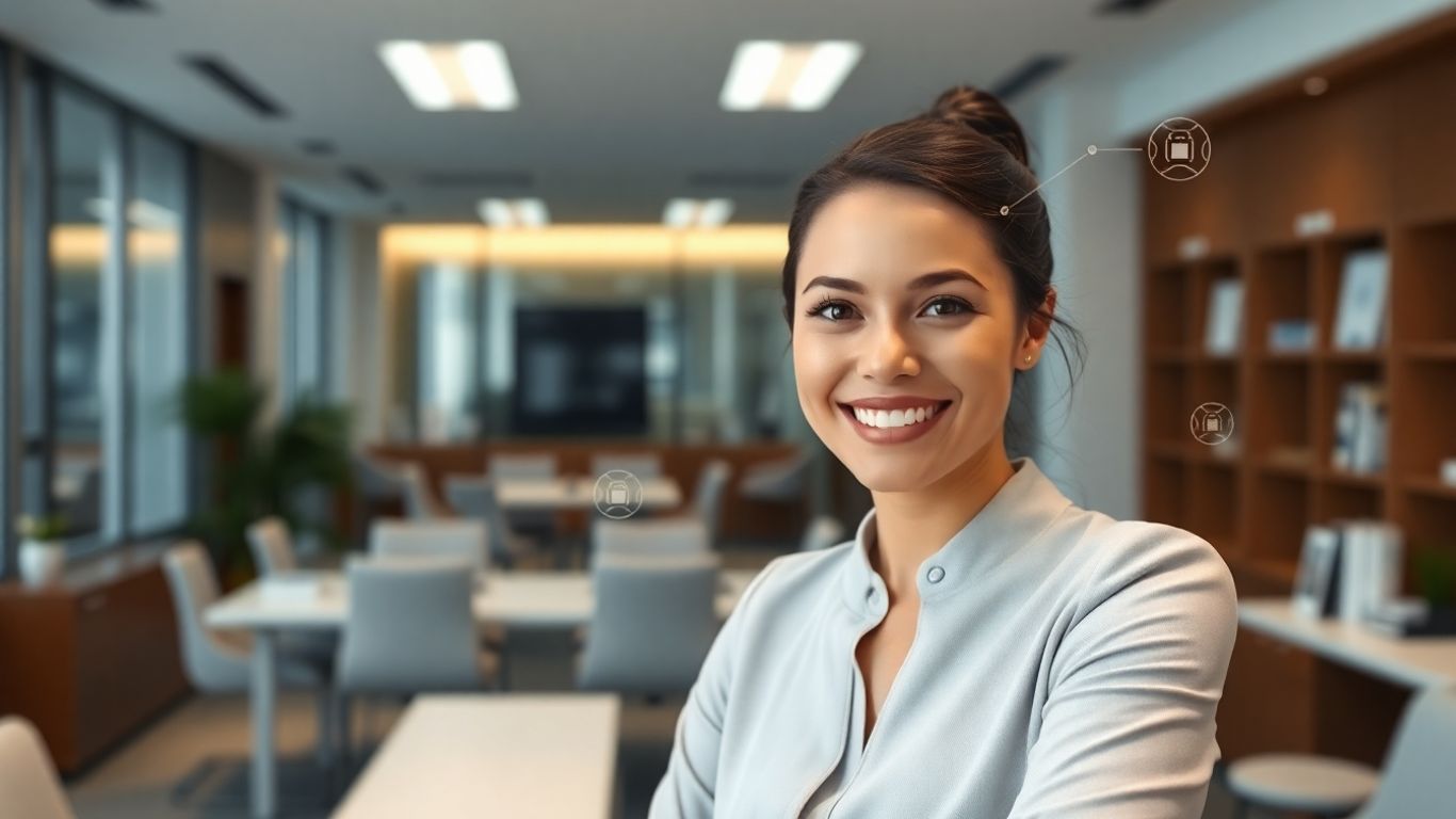 Virtual receptionist in a modern office with AI elements.