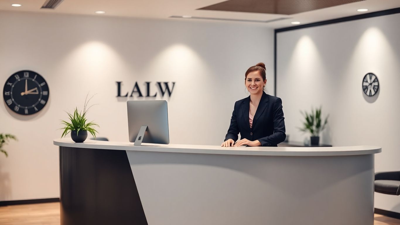Virtual receptionist assisting client in modern law office.