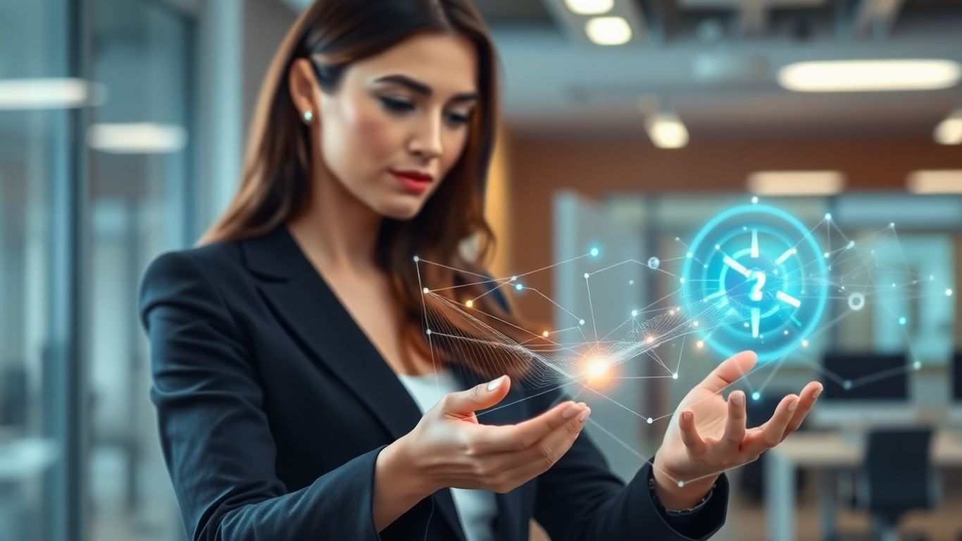 AI virtual receptionist interacting with holographic interface in office.