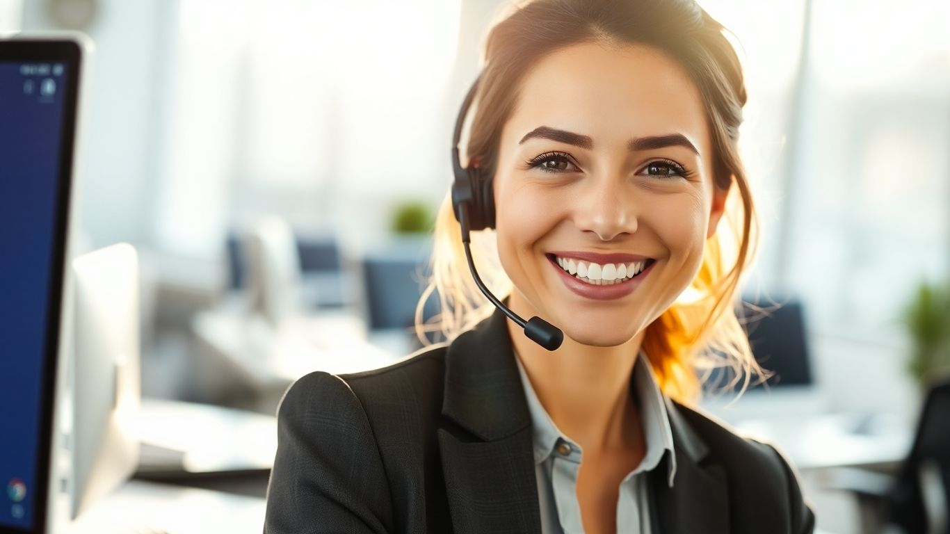 Professional virtual receptionist answering calls with a headset.