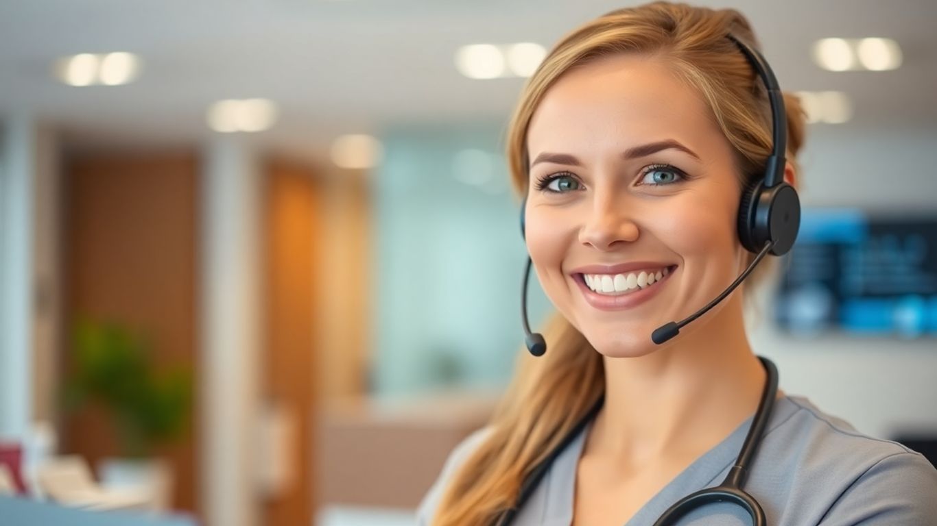 Medical receptionist using headset for virtual communication.