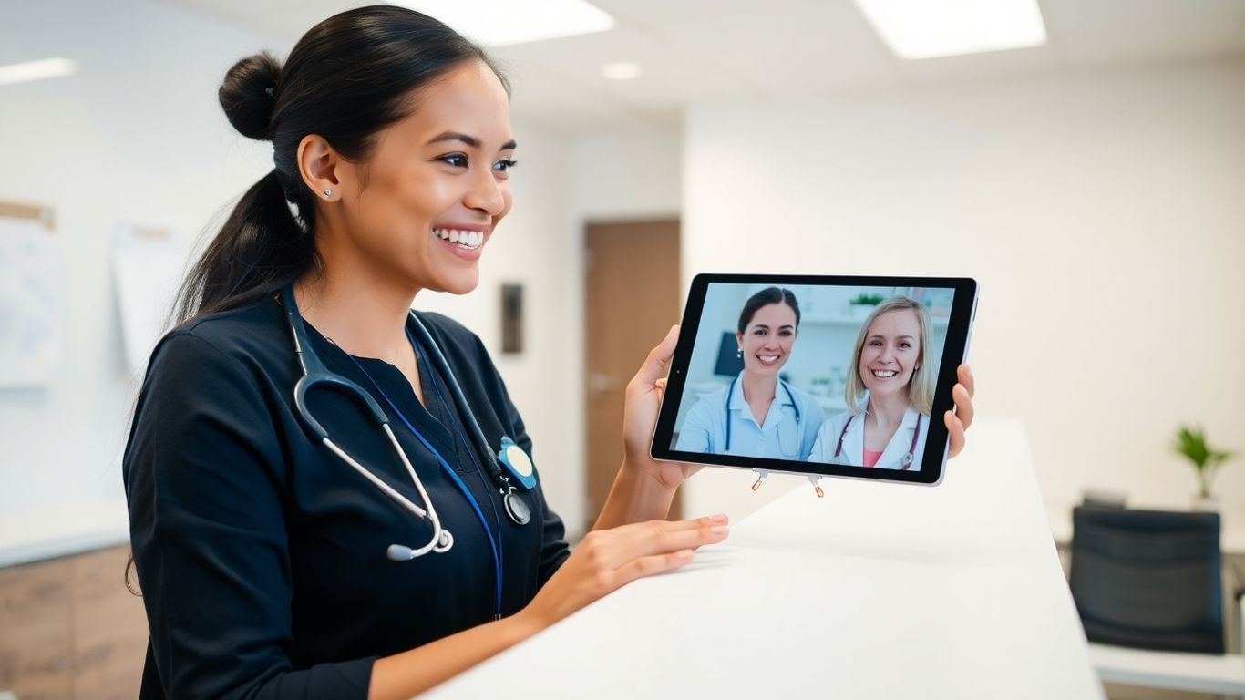 Medical receptionist assisting patient via video call on tablet.