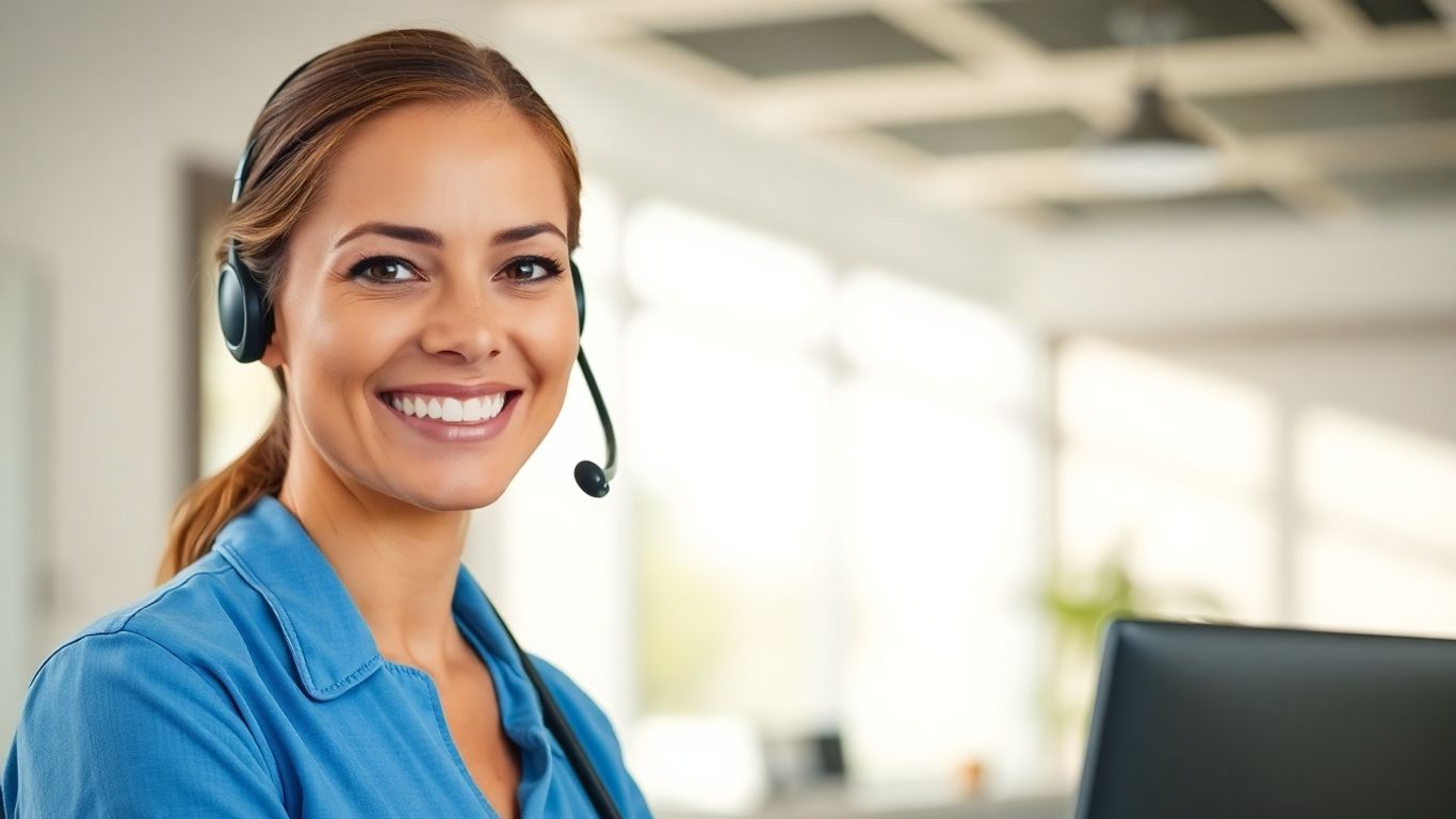 Medical receptionist assisting patients with a headset.