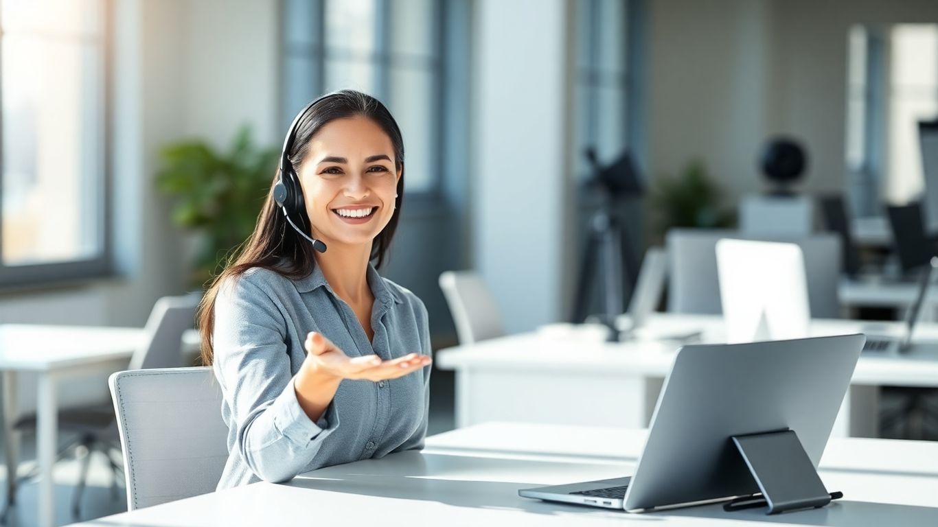 Professional woman with headset in a modern office.