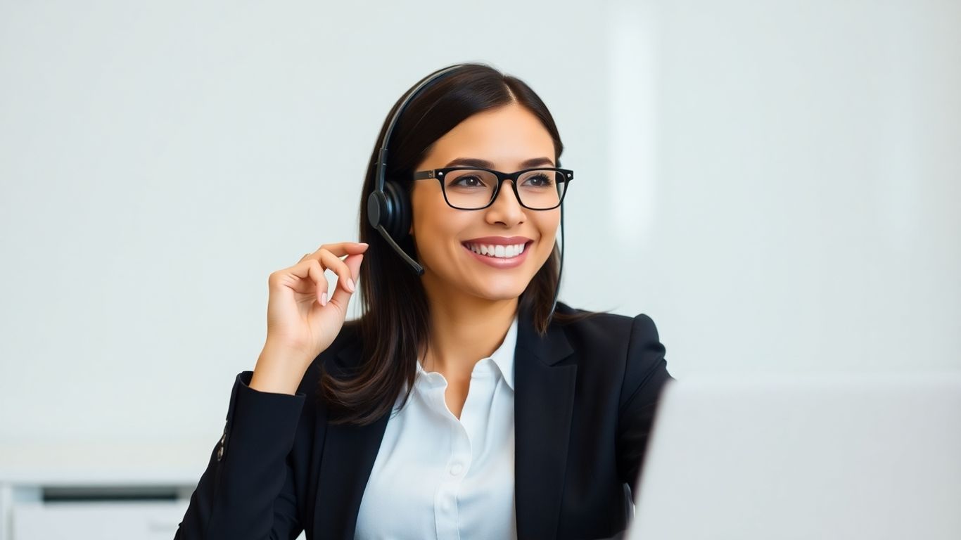 Professional virtual receptionist answering calls on headset.