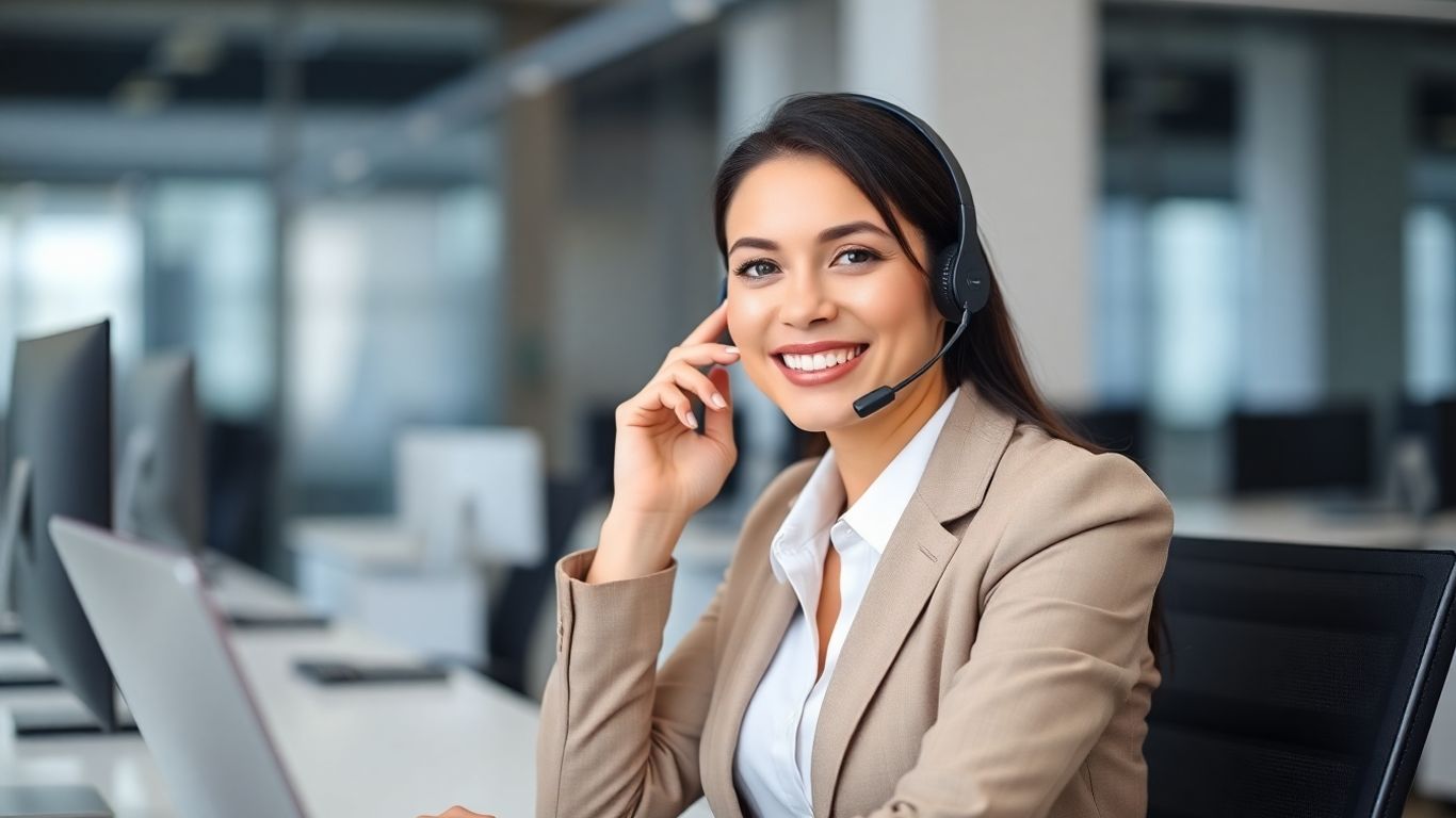 Professional woman with headset, business office.