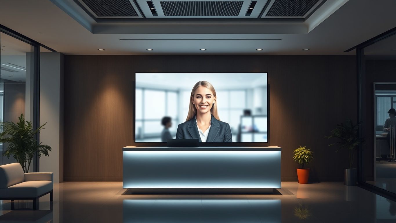 Virtual receptionist avatar on screen in modern office.
