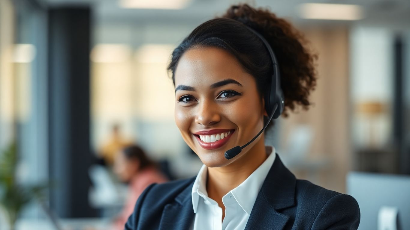 Virtual receptionist assisting a business client over the phone.