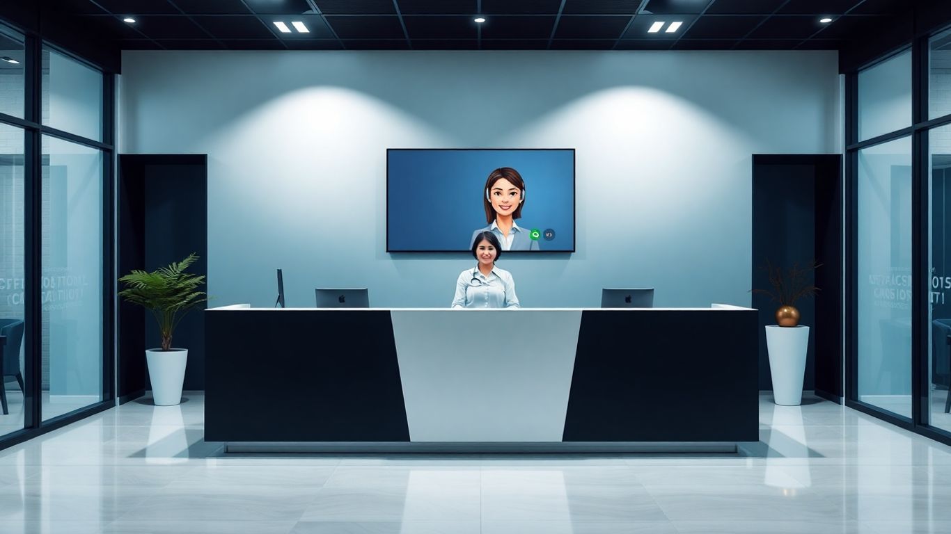 Virtual receptionist avatar on a screen in an office.