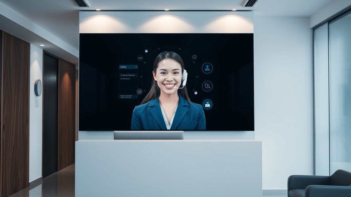 AI virtual receptionist assisting a caller on a screen.