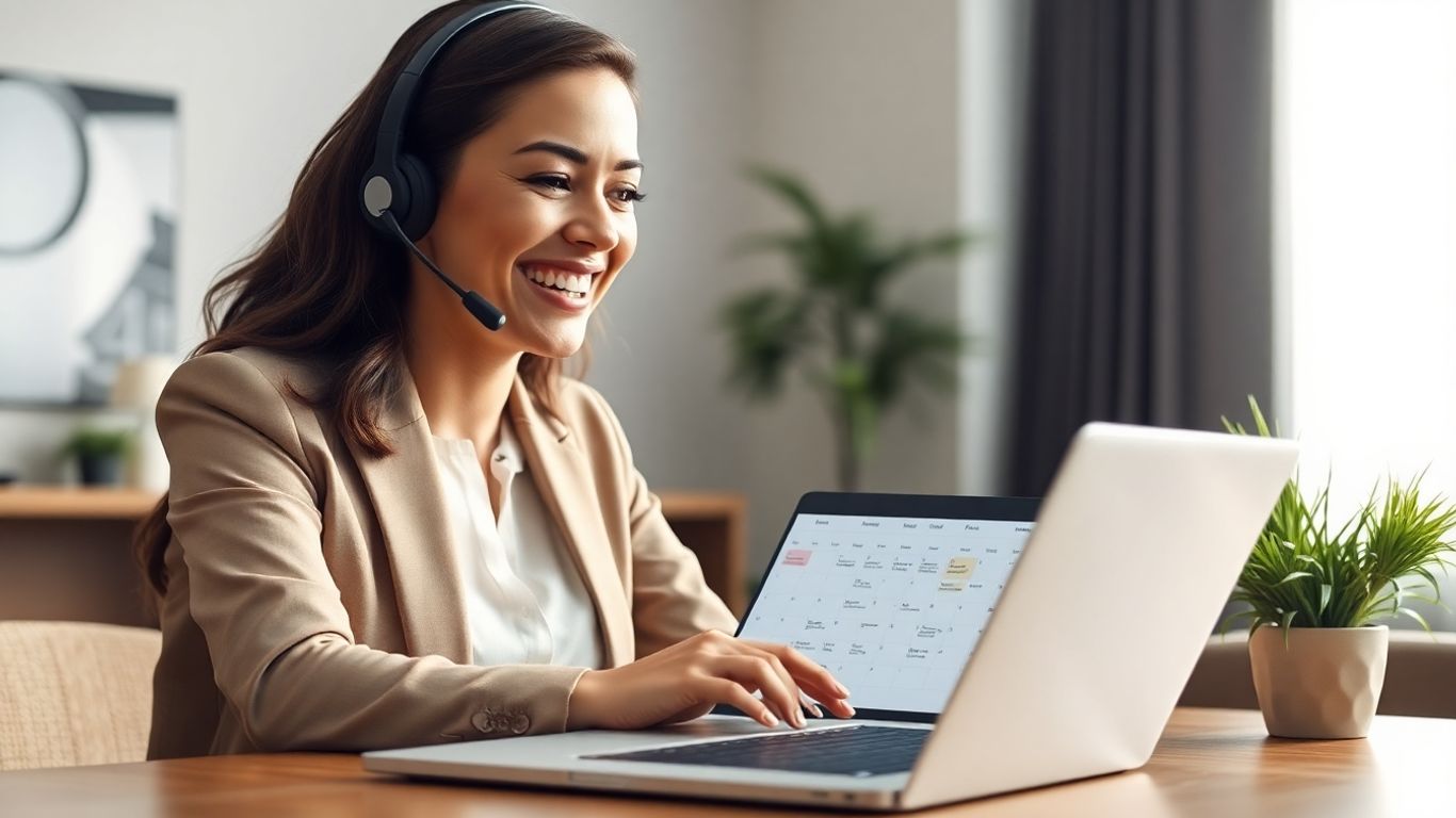 Virtual receptionist booking appointments on a laptop calendar.