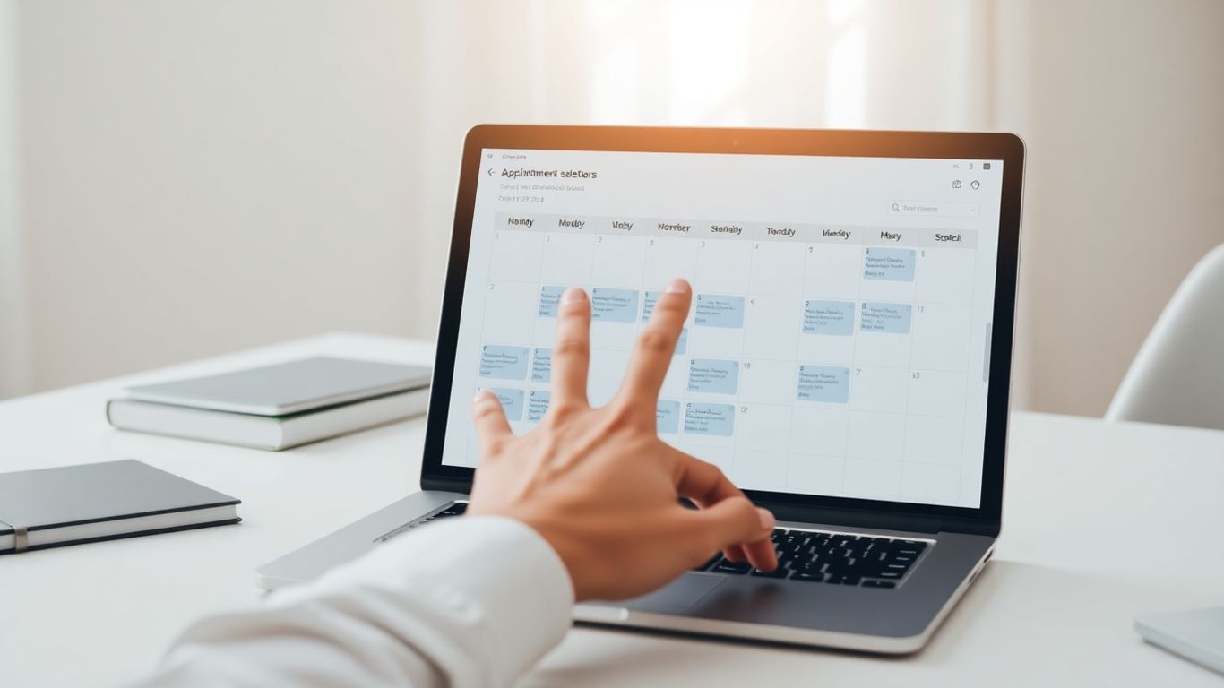 Virtual receptionist booking appointments on a laptop calendar.