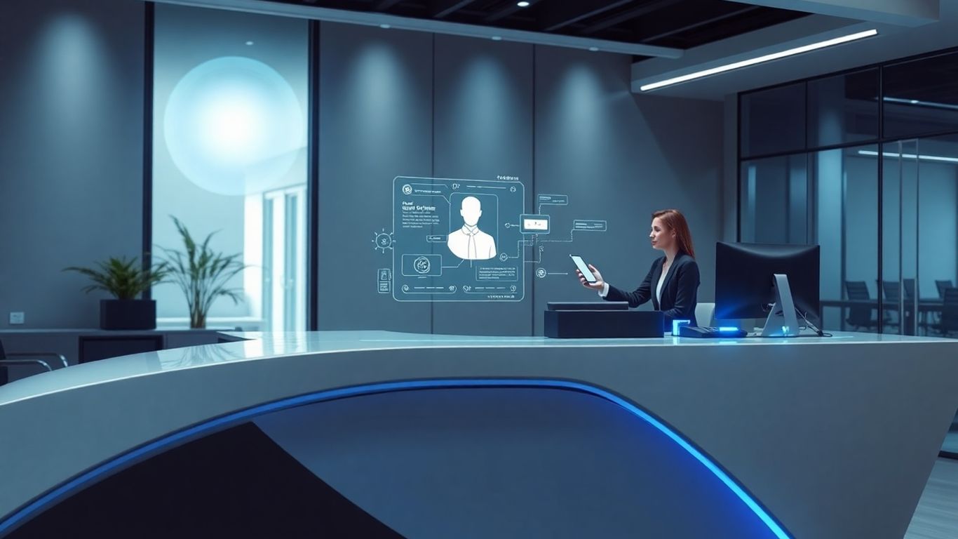 Virtual receptionist assisting a client with advanced technology.