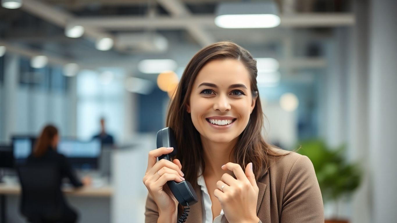 Professional woman answering a business phone in an office.