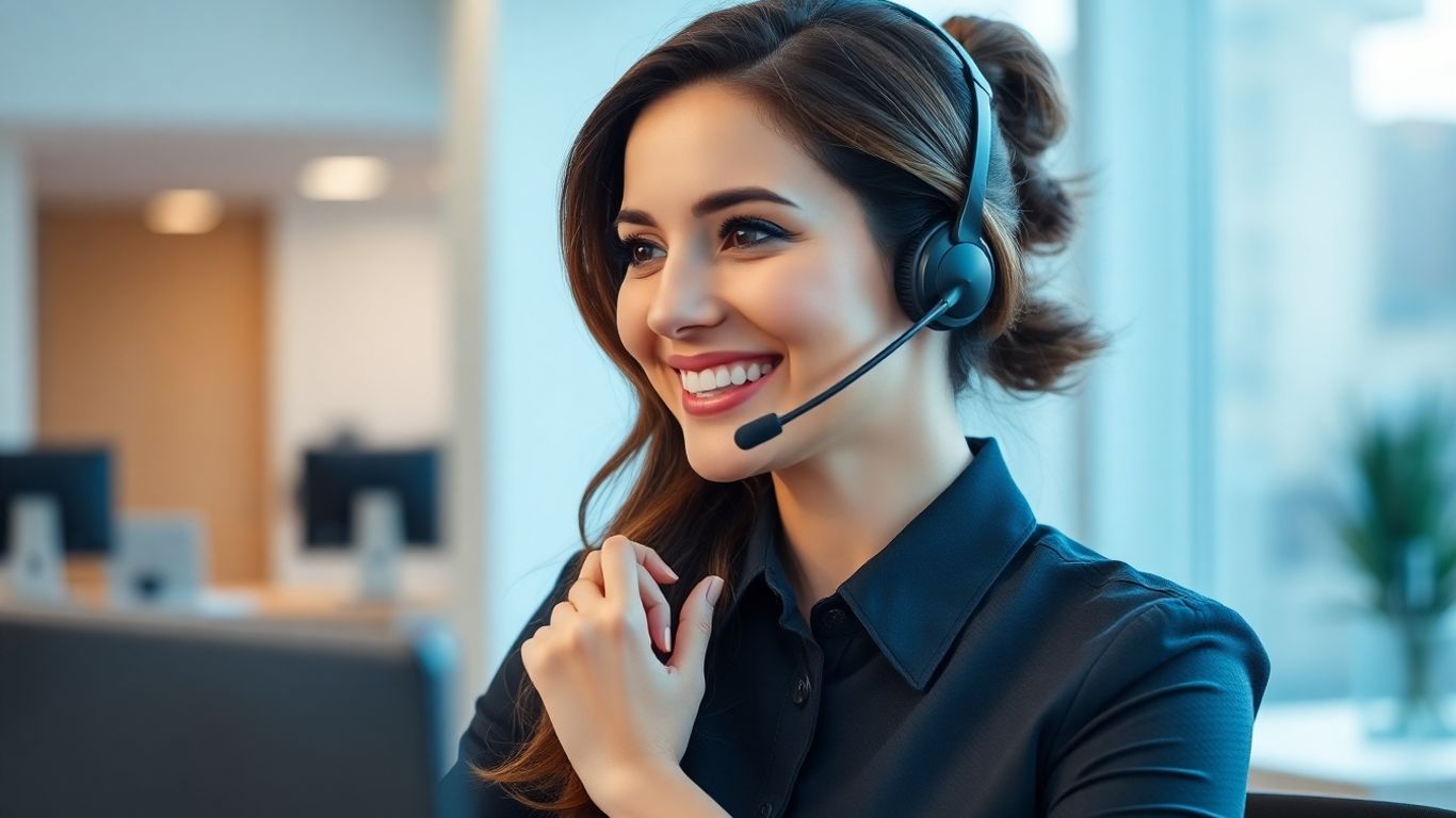 Professional woman with headset in modern office
