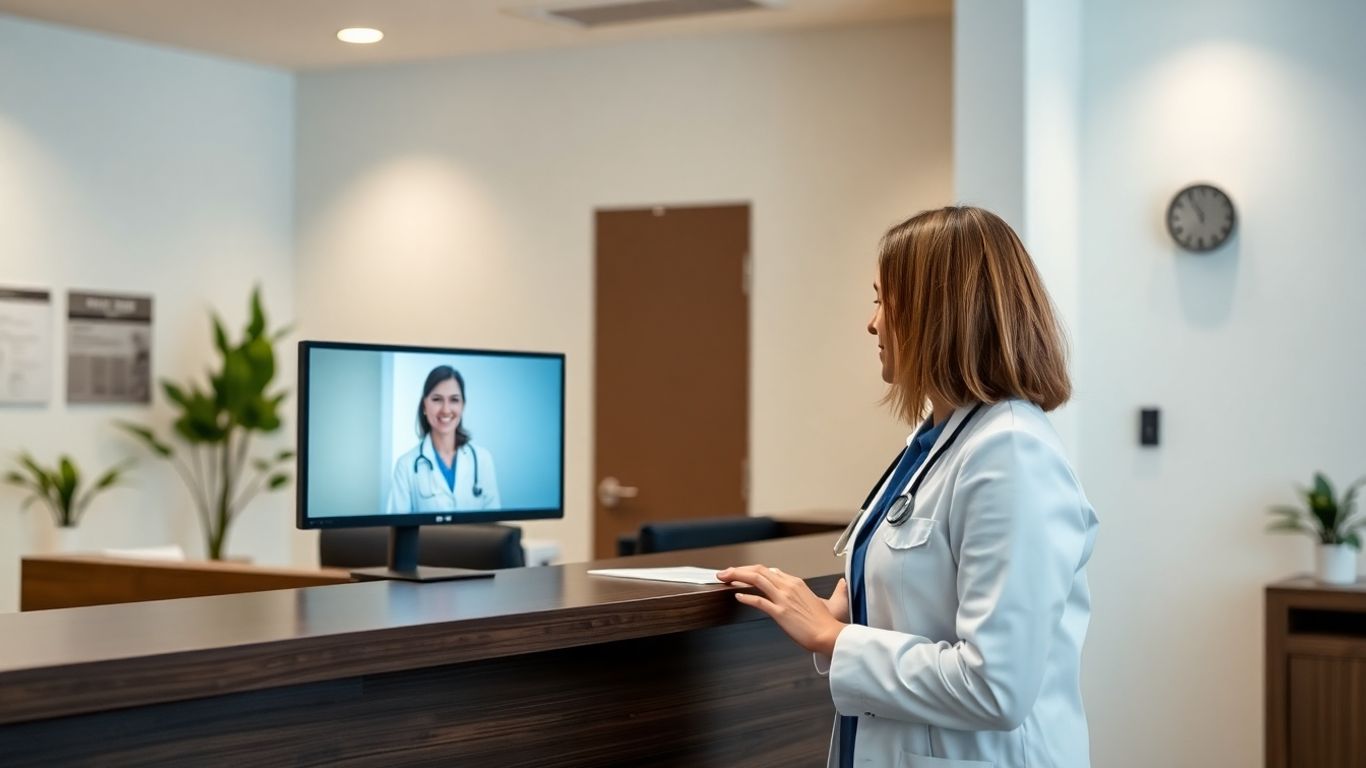 Virtual receptionist assisting a patient on a screen.
