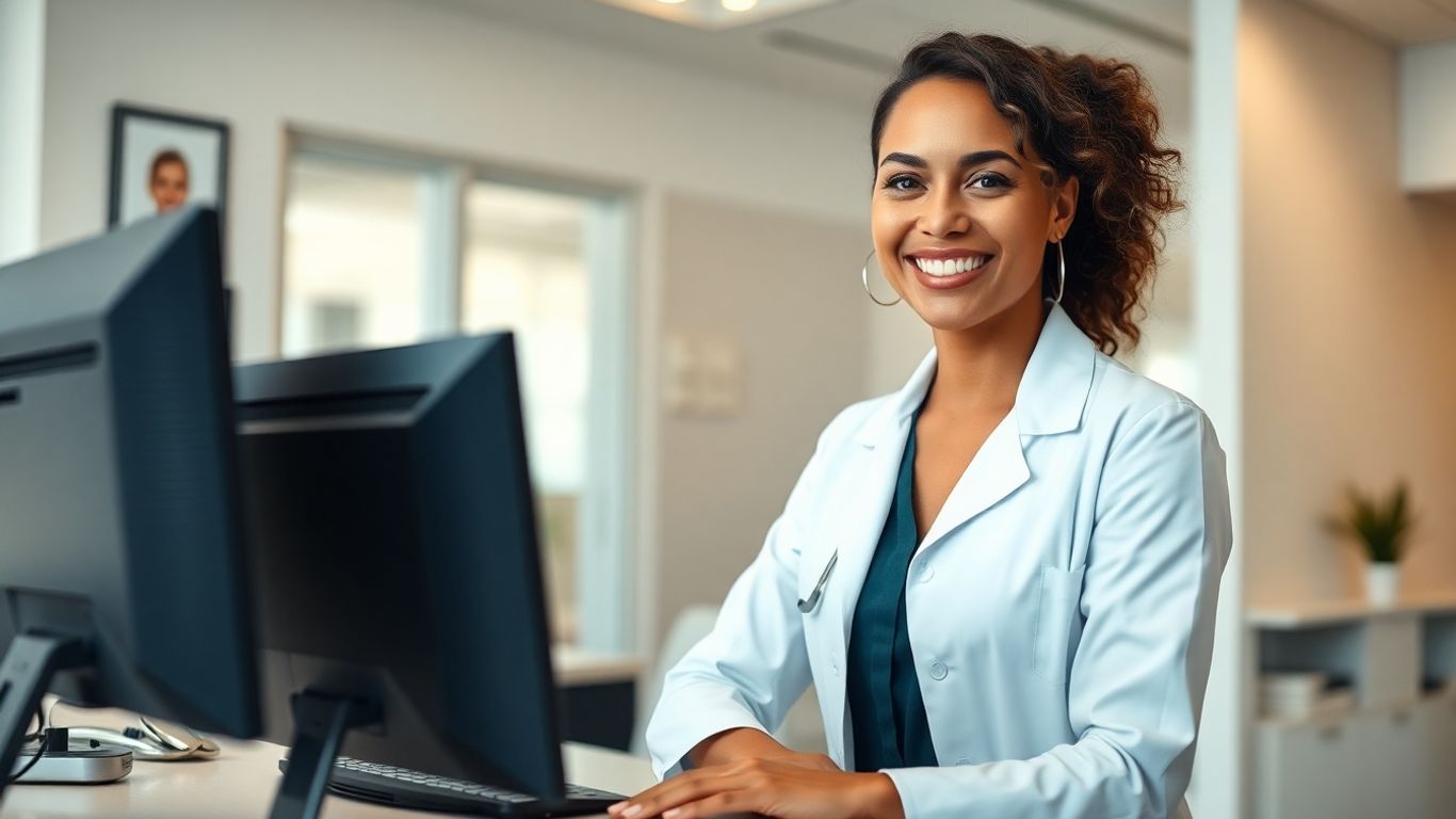 Medical receptionist assisting a patient virtually on a computer.