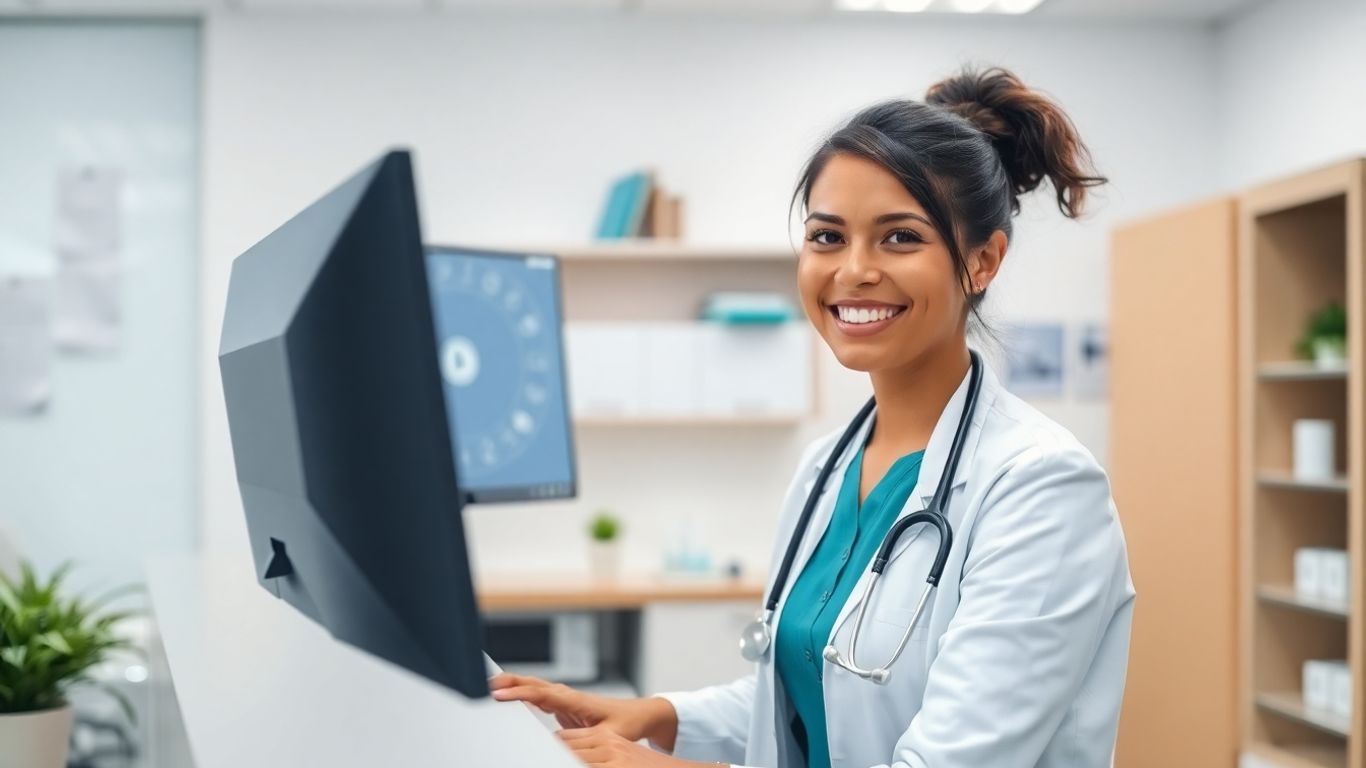 Virtual receptionist assisting patient via technology.