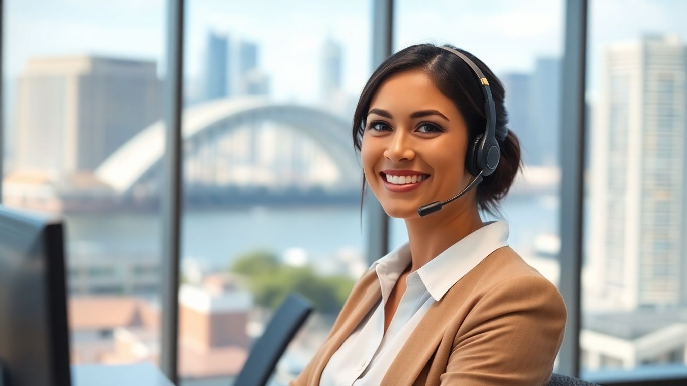 Virtual receptionist in Australia with headset and city background.