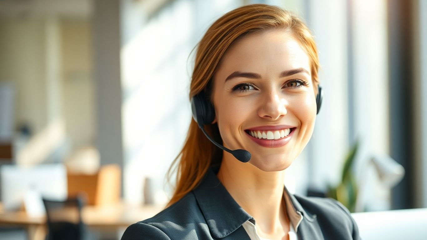 Professional woman with headset, friendly office background.