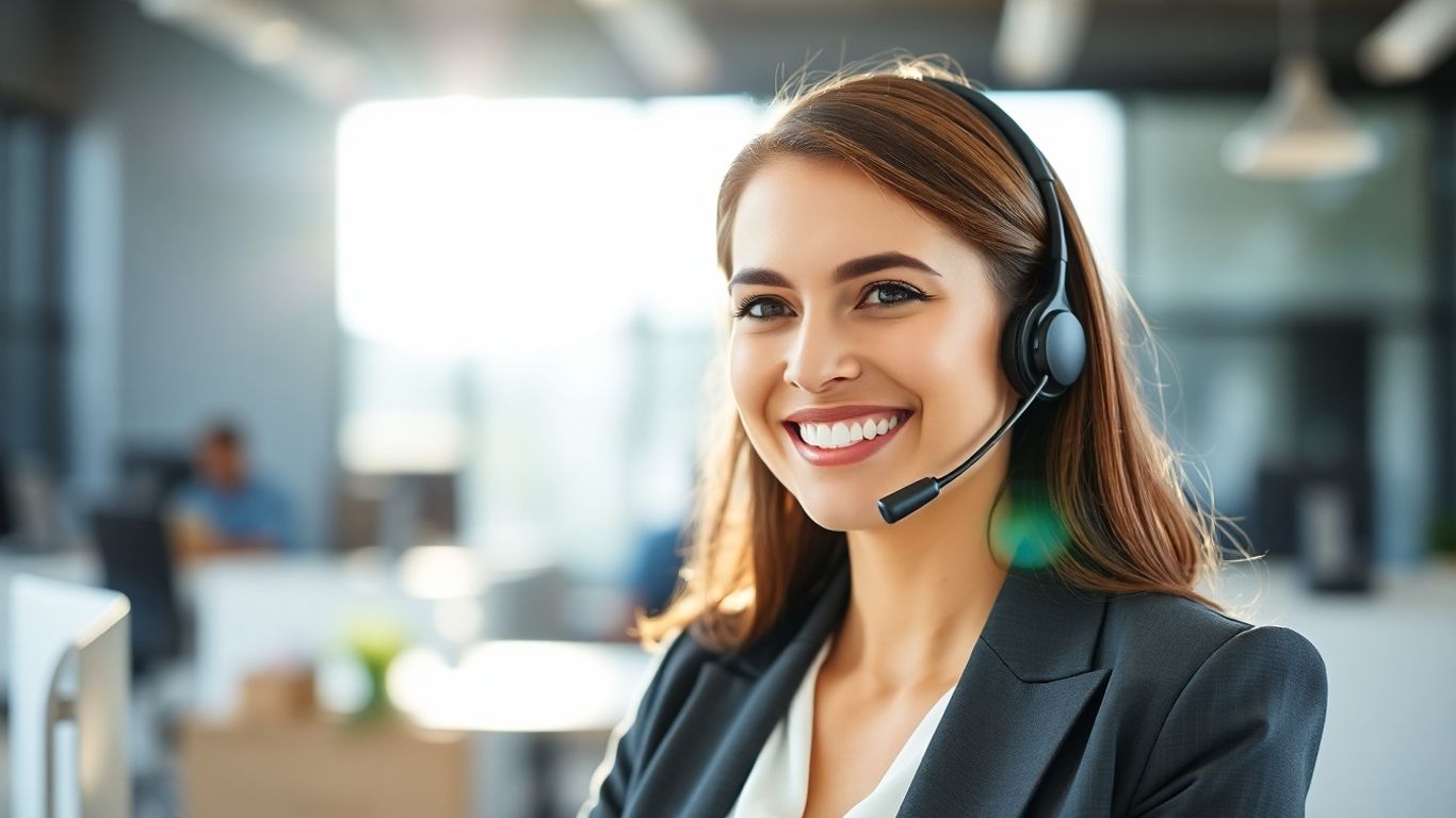 Professional woman with headset, busy office background.