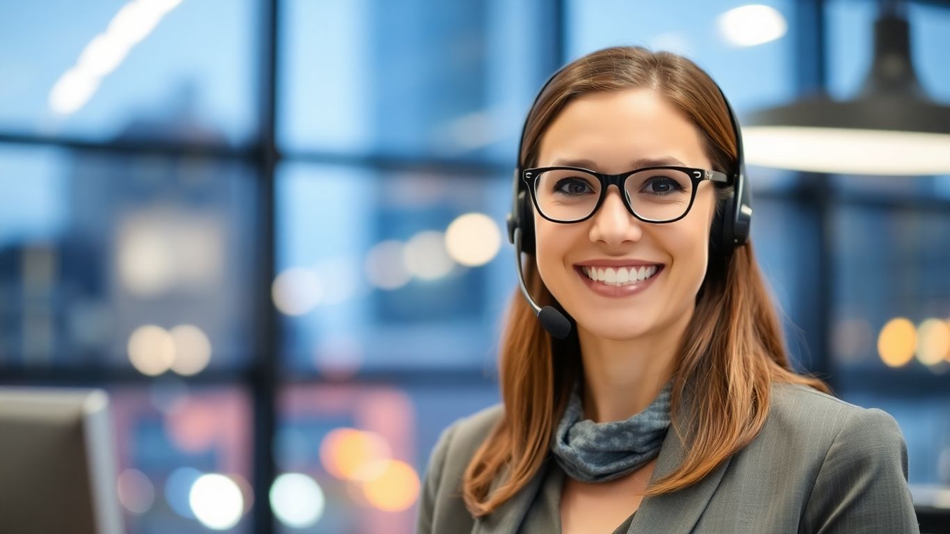 Professional woman with headset, modern office, city lights background.