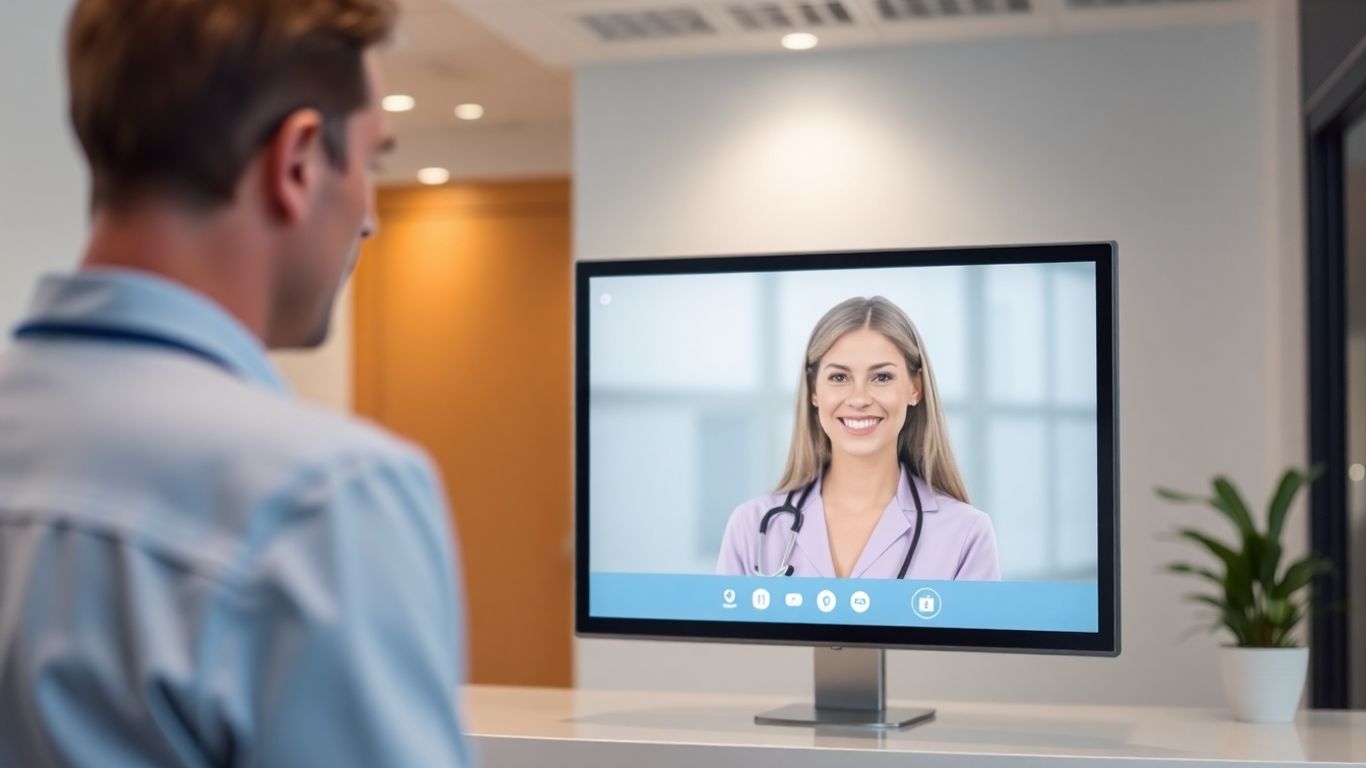 Virtual receptionist assisting a patient on a screen.