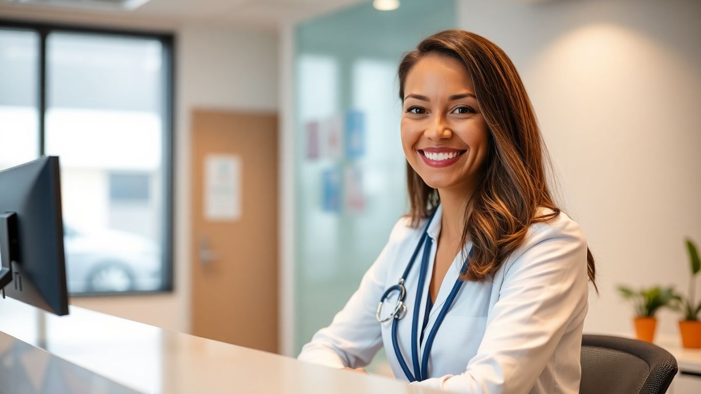 Virtual receptionist assisting a patient with a smile.