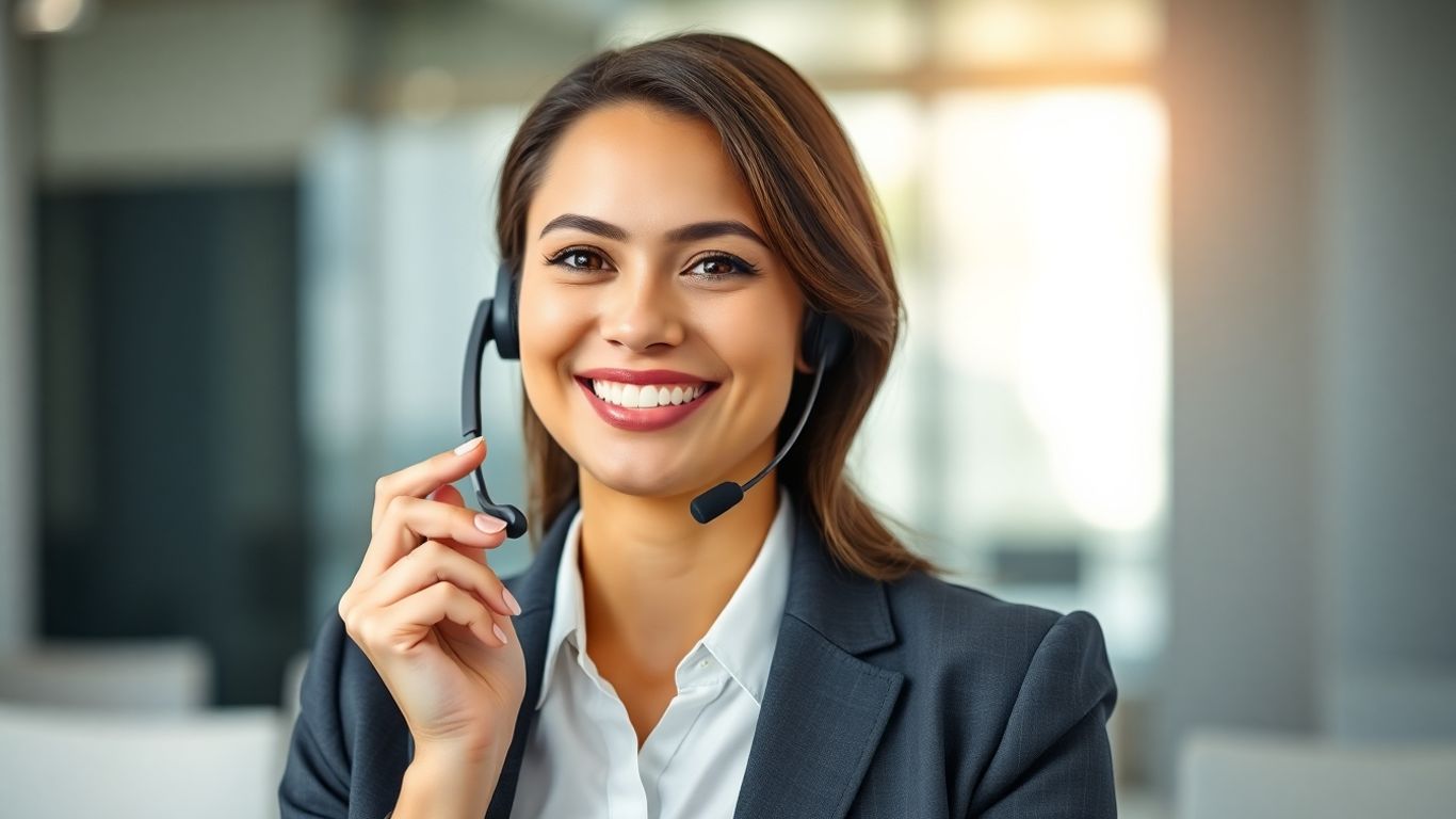 Virtual receptionist smiling with headset, ready to assist.