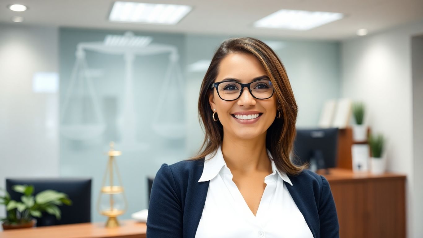 Law firm receptionist assisting a client with a smile.